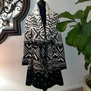 Ralph Lauren Women’s Black White Aztec Southwest Car Coat Cardigan Size XL